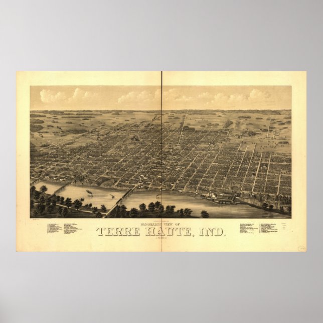 1880 Terre Haute, IN Birds Eye View Panoramic Map Poster (Front)