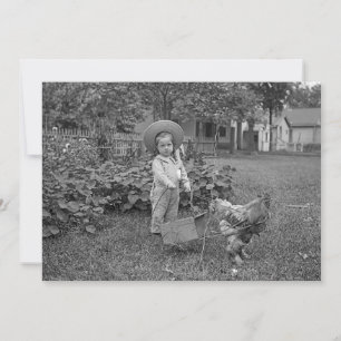 1880's Adorable Girl and Rooster Cart in Garden