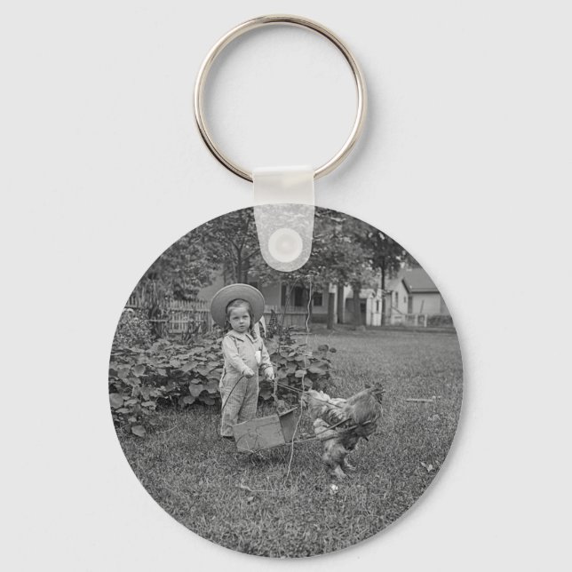 1880's Adorable Girl and Rooster Cart in Garden Key Ring (Front)