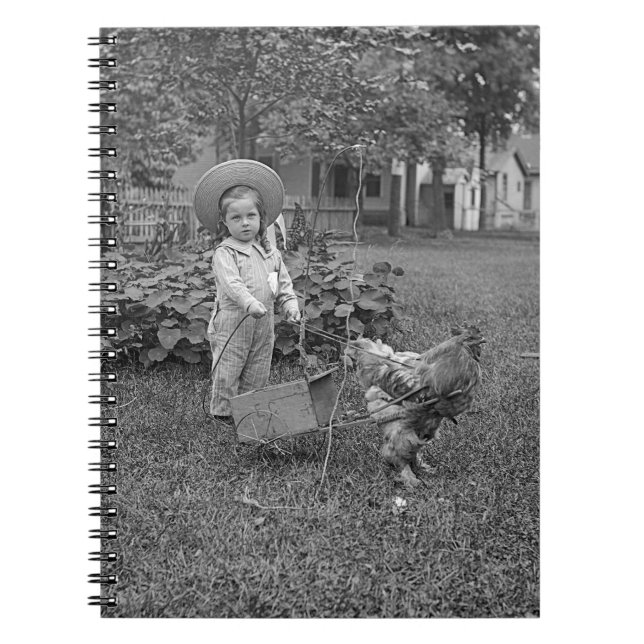 1880's Adorable Girl and Rooster Cart in Garden Notebook (Front)