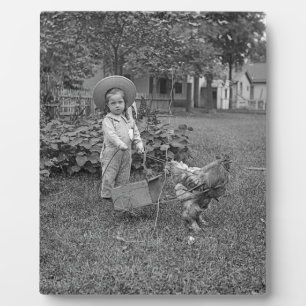 1880's Adorable Girl and Rooster Cart in Garden Plaque