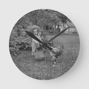 1880's Adorable Girl and Rooster Cart in Garden Round Clock