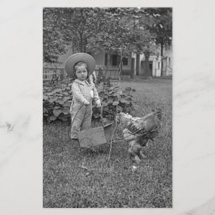 1880's Adorable Girl and Rooster Cart in Garden Stationery