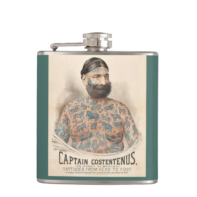 1880s Captain Costentenus tattooed man Hip Flask (Front)