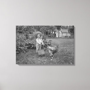 1880's Photograph Girl in Garden Rooster Cart Canvas Print