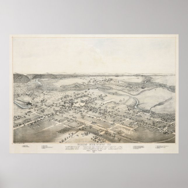 1881 New Braunfels TX Birds Eye View Panoramic Map Poster (Front)
