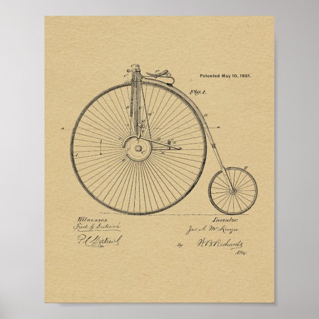 1881 Vintage High Wheeler Bicycle Patent Art Print (Front)