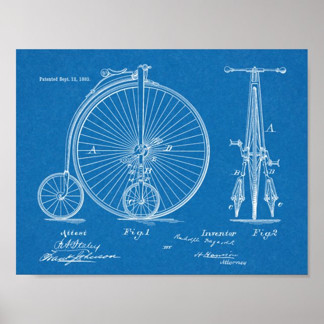1882 High Wheeler Bicycle Design Patent Art Print (Front)