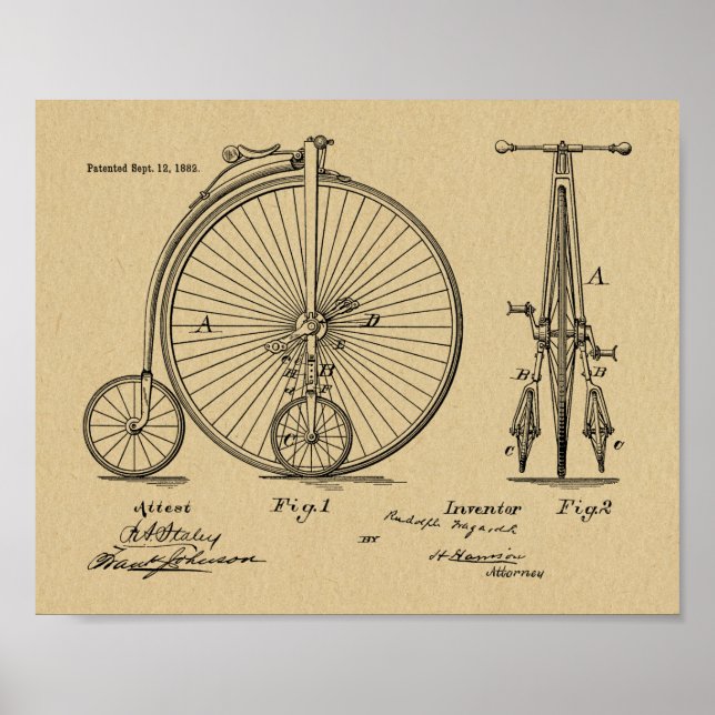 1882 Vintage High Wheeler Bicycle Patent Art Print (Front)
