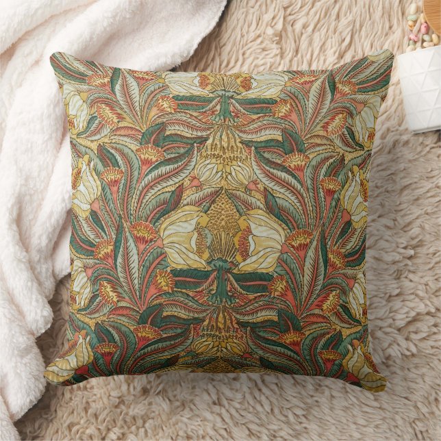 1882 Vintage Large Flowers & Leaves Golden Green Cushion (Blanket)
