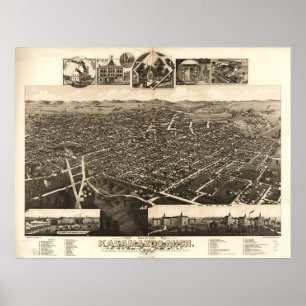 1883 Kalamazoo, MI Birds Eye View Panoramic Map Poster