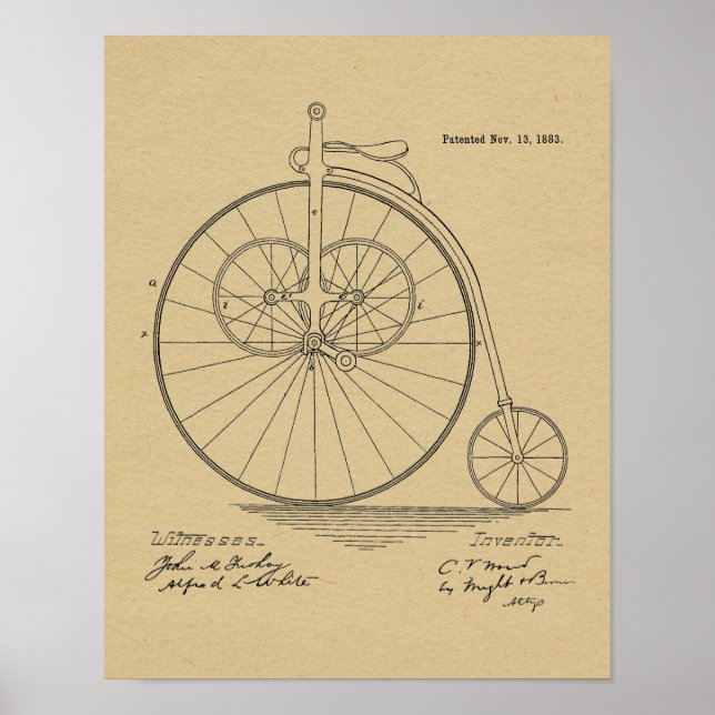 1883 Vintage High Wheeler Bicycle Patent Art Print (Front)
