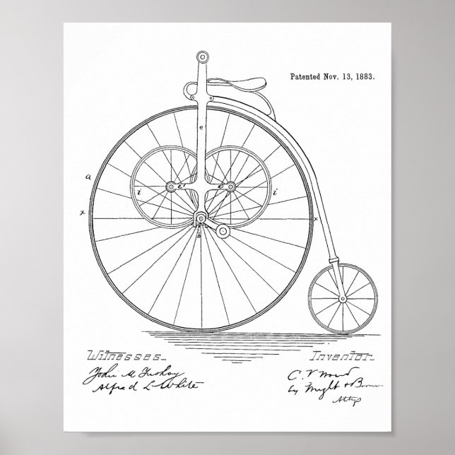 1883 Vintage High Wheeler Bicycle Patent Art Print (Front)