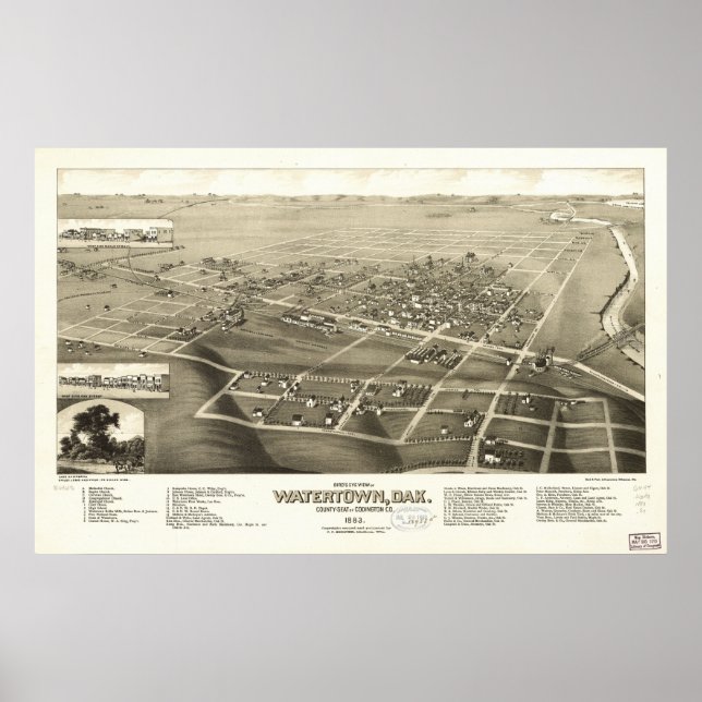 1883 Watertown, SD Birds Eye View Panoramic Map Poster (Front)
