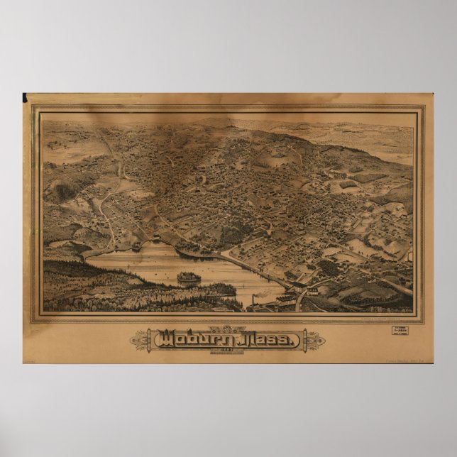 1883 Woburn, MA Birds Eye View Panoramic Map Poster (Front)
