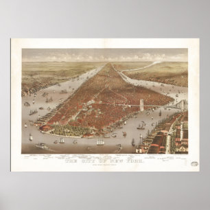 1884 New York City NY Birds Eye View Panoramic Map Poster