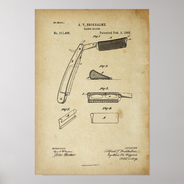 1885 Barber Razor Old Look Patent Artwork Poster (Front)