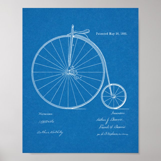 1885 High Wheeler Bicycle Design Patent Art Print (Front)