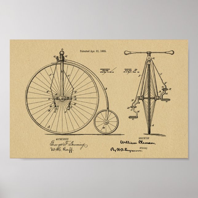 1885 High Wheeler Bicycle Design Patent Art Print (Front)