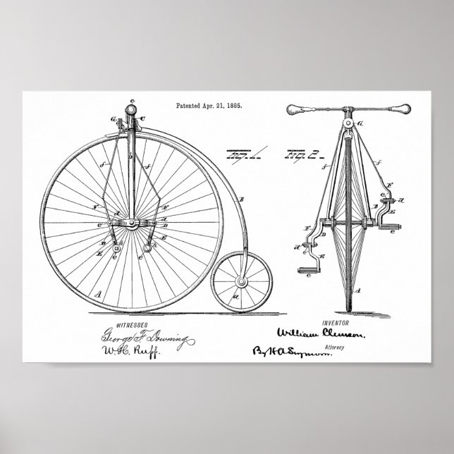1885 High Wheeler Bicycle Design Patent Art Print (Front)