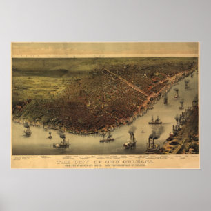 1885 New Orleans, LA Birds Eye View Panoramic Map Poster