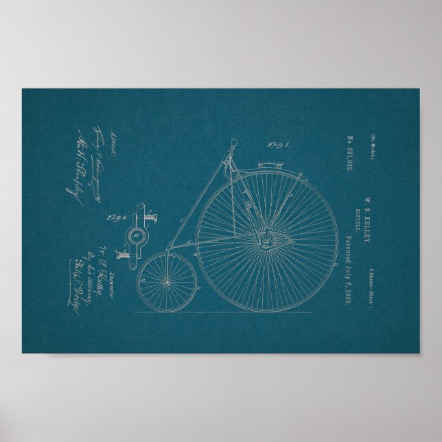 1885 Vintage High Wheel Bicycle Patent Print (Front)