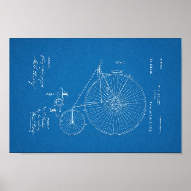 1885 Vintage High Wheel Bicycle Patent Print (Front)