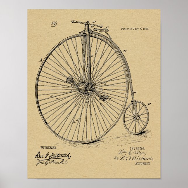 1885 Vintage High Wheeler Bicycle Patent Art Print (Front)