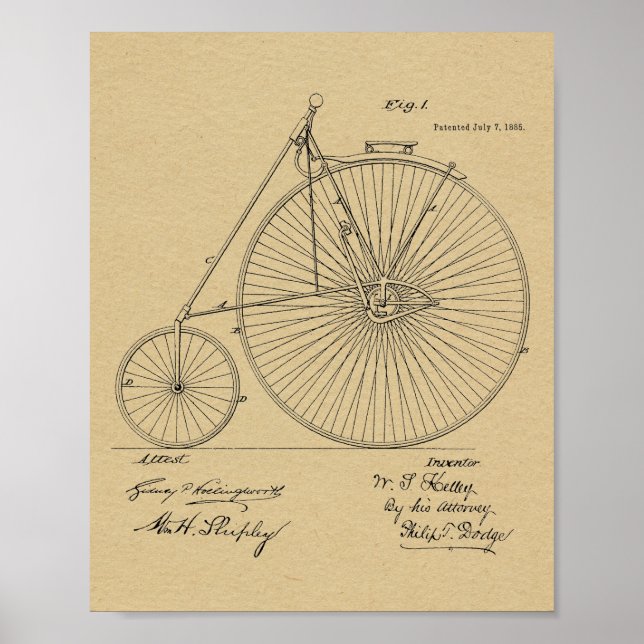1885 Vintage High Wheeler Bicycle Patent Art Print (Front)