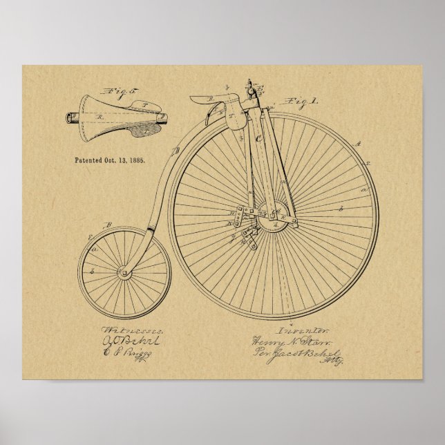 1885 Vintage High Wheeler Bicycle Patent Art Print (Front)