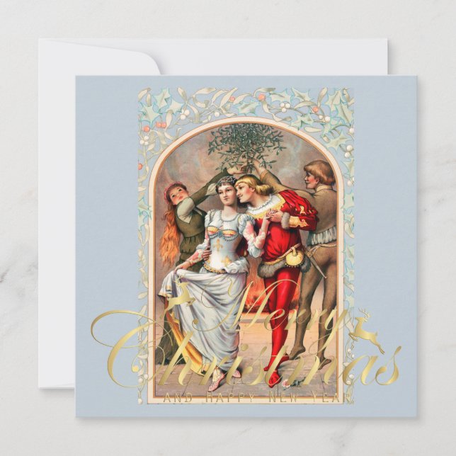 1886 Couples in Medieval Costumes under Mistletoe Card (Front)