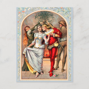 1886 Couples in Medieval Costumes under Mistletoe Postcard