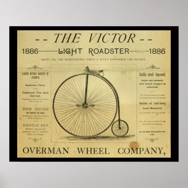1886 High Wheeler Penny Farthing Ad Art Poster (Front)