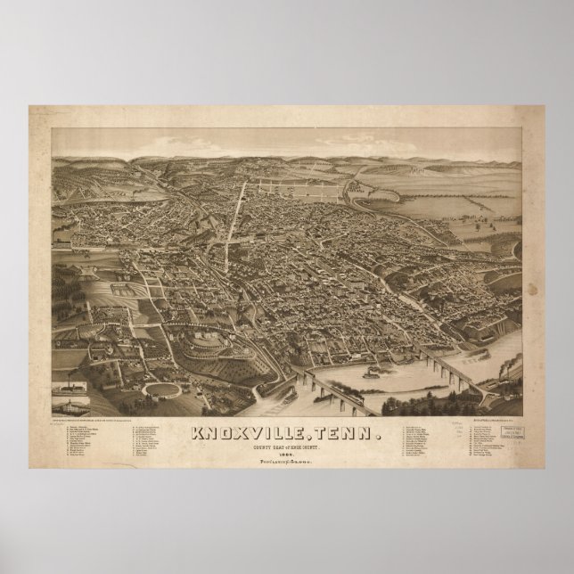 1886 Knoxville, TN Birds Eye View Panoramic Map Poster (Front)