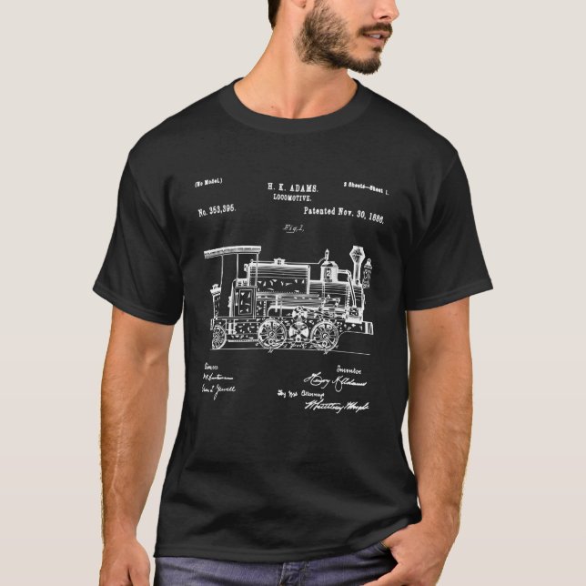 1886 Locomotive Steam Train Retro Patent Blueprint T-Shirt (Front)