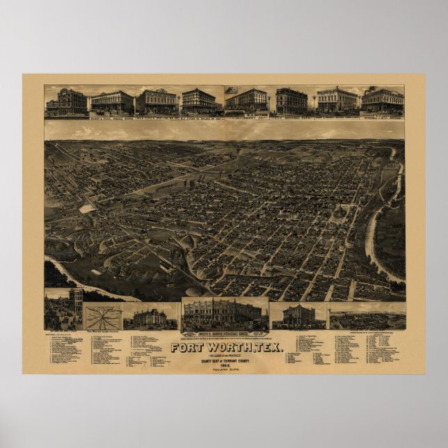 1886 Map of Fort Worth, TX Birds Eye View Poster (Front)