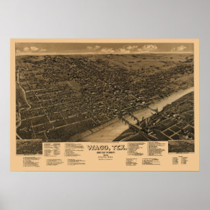 1886 Panoramic Map Birds Eye View of Waco, TX Poster