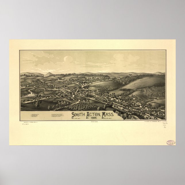 1886 South Acton, MA Birds Eye View Panoramic Map Poster (Front)
