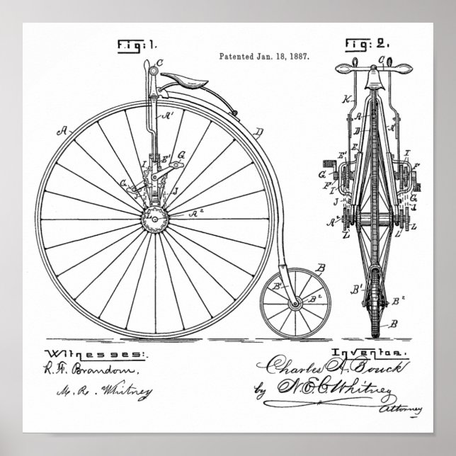 1887 Vintage High Wheeler Bicycle Patent Art Print (Front)