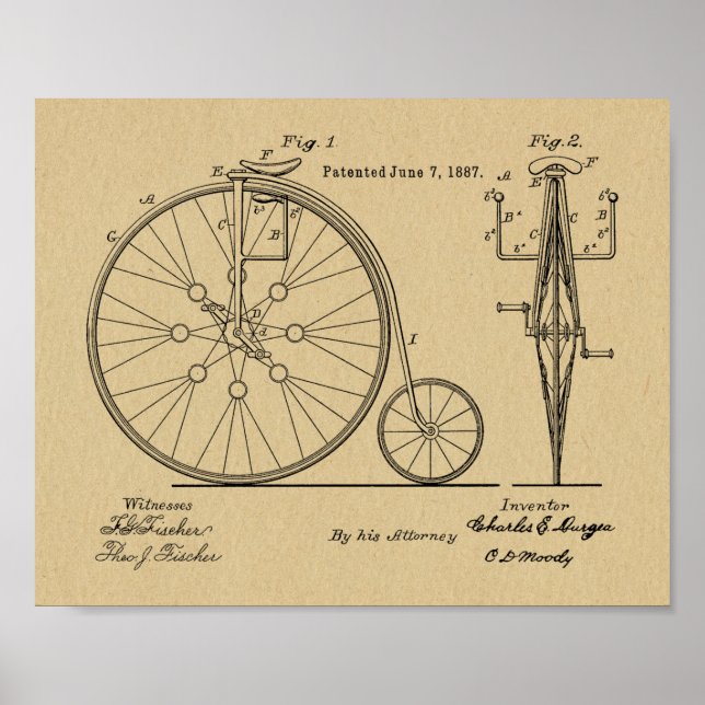 1887 Vintage High Wheeler Bicycle Patent Art Print (Front)