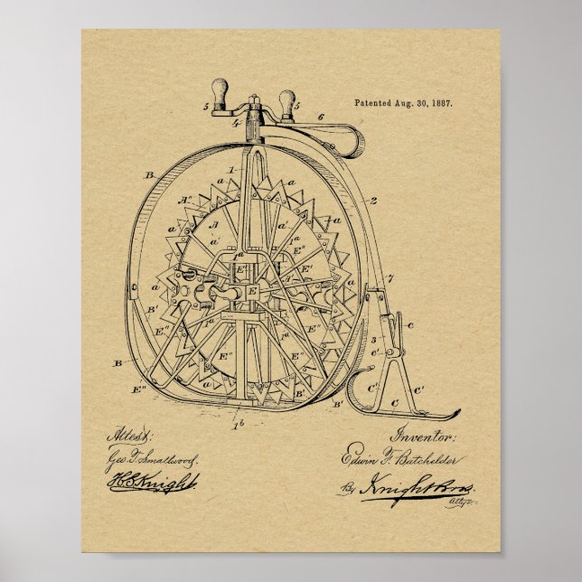 1887 Vintage Ice High Wheeler Bicycle Patent Print (Front)