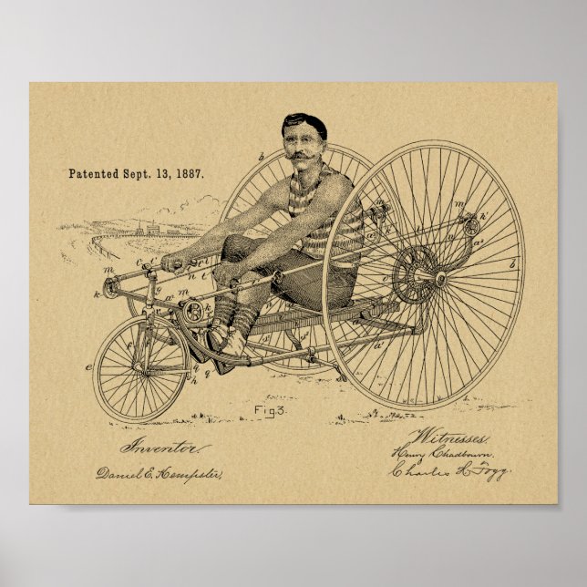 1887 Vintage Tricycle Bicycle Patent Art Print (Front)