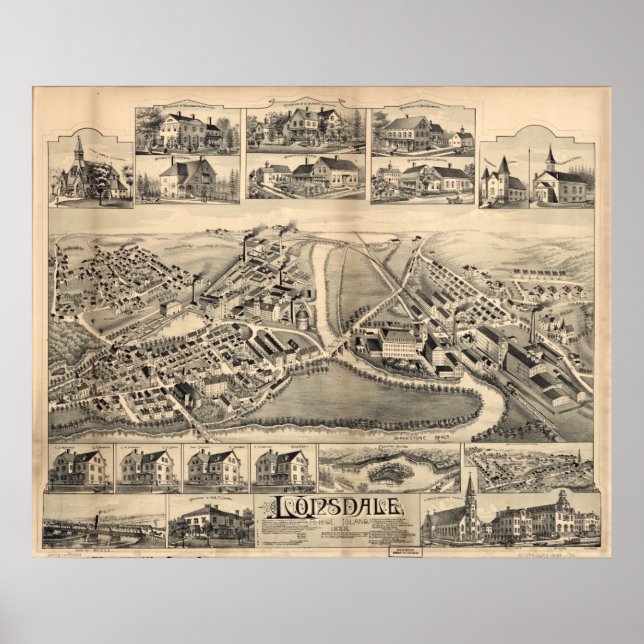 1888 Lonsdale, Lincoln, RI Birds Eye Panoramic Map Poster (Front)