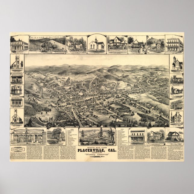 1888 Placerville CA Birds Eye View Panoramic Map Poster (Front)
