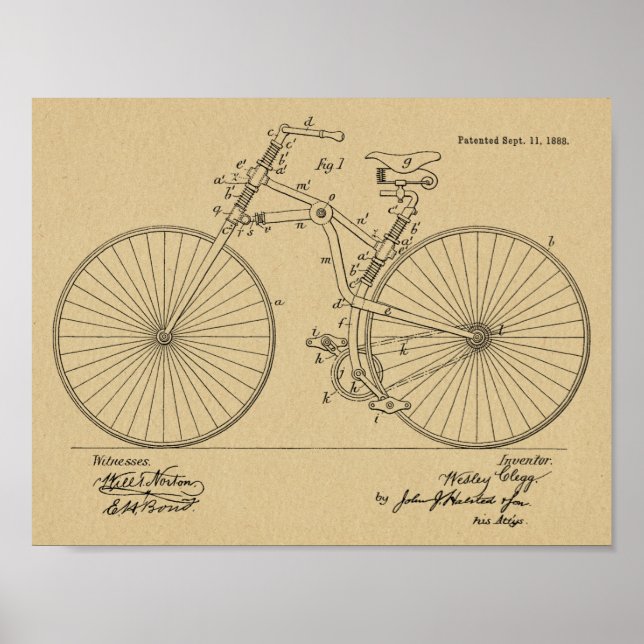 1888 Vintage Bicycle Design Patent Art Print (Front)