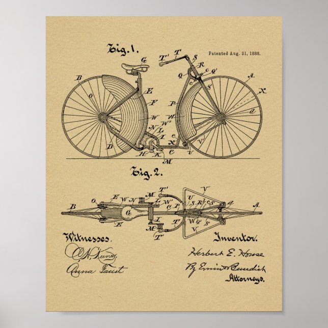 1888 Vintage Bicycle Design Patent Art Print (Front)