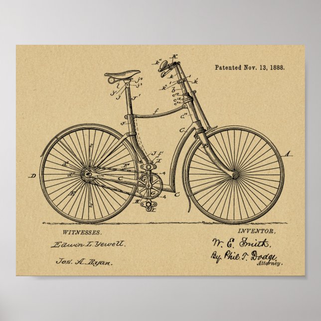 1888 Vintage Bicycle hand Brake Patent Art Print (Front)