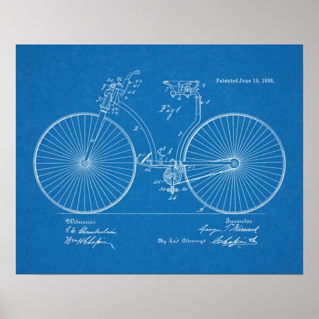 1888 Vintage Bicycle Patent Blueprint Art Print (Front)