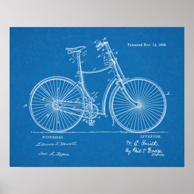 1888 Vintage Bicycle Patent Blueprint Art Print (Front)