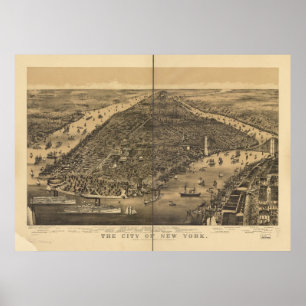 1889 New York City NY Birds Eye View Panoramic Map Poster